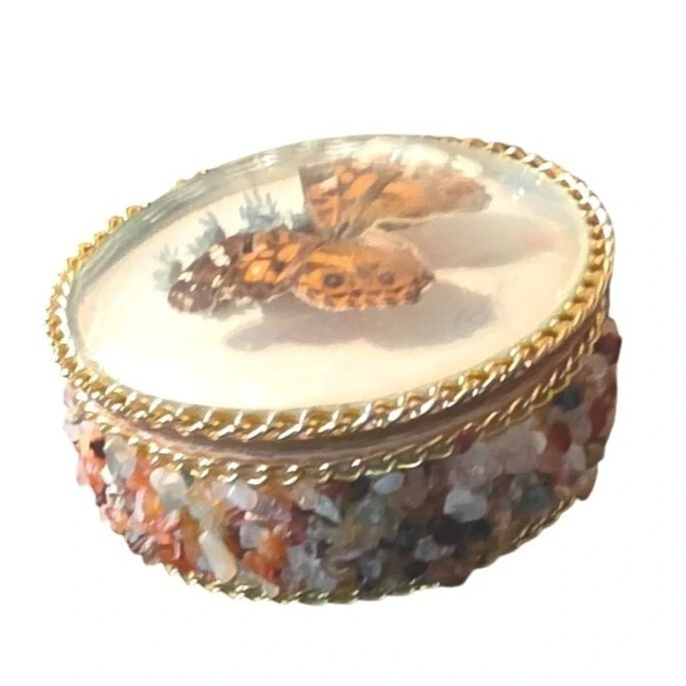 Vintage Trinket Box Butterfly Taxidermy Round Dried Flowers & Brazil Red Felt li